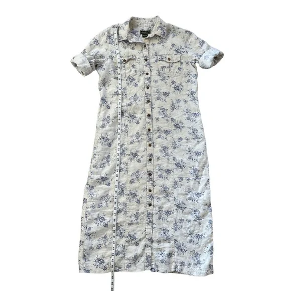 Eddie Bauer Prarie Linen Floral Shirt Dress  Cream & Blue 3/4 Sleeve Large - Picture 7 of 10